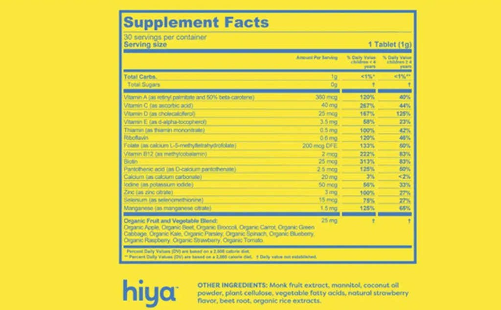 Hiya MultiVitamins Ingredients